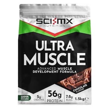 SCI-MX Ultra Muscle - Protein Powder for Muscle Development + 23 Vitamins & Minerals - Chocolate • 56g Protein + 5g Creatine + 7.8g BCAAs per Serving • 1.5kg
