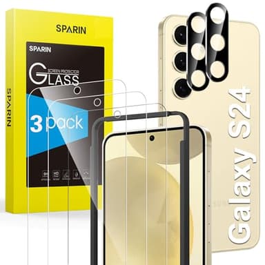 SPARIN Screen Protector for Samsung Galaxy S24, 3 Tempered Glass Screen Protector with 2 Camera Lens Protector, Fingerprint ID Compatible, Installation Alignment Frame Included