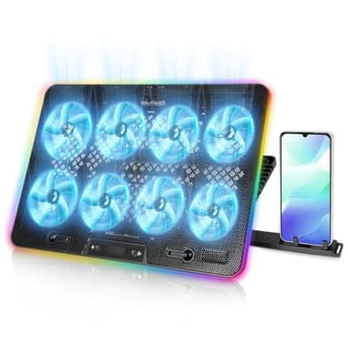 PopuLike Laptop Cooling Pad, 8-Fan Adjustable Laptop Cooler Quiet with RGB LED Display, 7-Level Height Stand for 12-17 Inch Notebook, Dual USB Ports & Phone Holder, Manual Speed Control