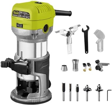 Electric Hand Palm Router, DEWINNER Trimmer Laminate Wood Working Joiners Tool, Compact Router with Trimmer Base, 3 Guide,2 Collets 1/4"(6.35mm) and 3/8"