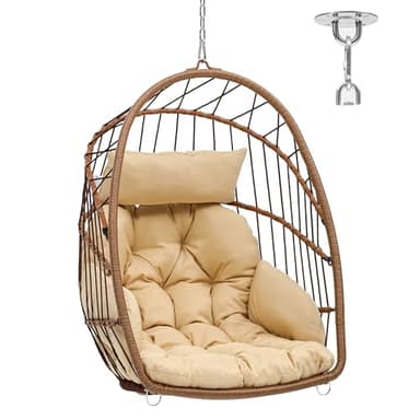 YITAHOME Rattan Egg Chair，Swing Egg Chair w/ Cushions，Sturdy Steel Frame，105x74x72 cm Hanging Egg Chair w/ a Chain & S Hook Patio，Garden，Living Room，Brown Egg Chair & Beige Cushion (FTPLPS-1010-E)