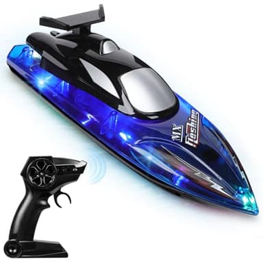 Helmsyde Remote Control Boat RC Boat for Kids Adults with LED Lights 2.4GHz RC High Speed Boats for Pools and Lakes 2 Rechargeable Batteries Low Battery Alarm Cool Water Play Toy Gift for Boys Girls