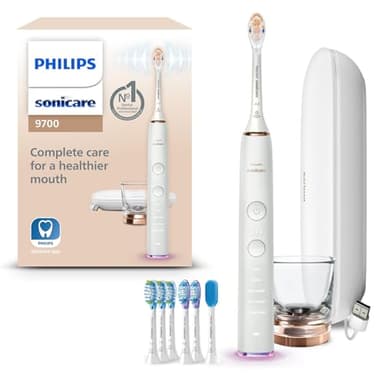 Philips Sonicare DiamondClean Smart 9700 Rose Gold Rechargeable Toothbrush for Complete Oral Care with Charging Travel Case, 5 Modes and 8 Brush Heads HX9957/81