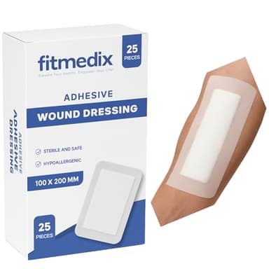 Adhesive Wound Dressings (100mmx200mm) - **Pack of 25** Sterile Dressings for Wounds, Cuts, Grazes, Diabetic Leg Ulcers, Venous Leg Ulcers & Small Pressure Sores- Hypoallergenic Plasters for Wounds