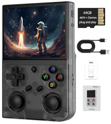 G350 Retro Handheld Game Console , 3.5 Inch IPS Screen Linux System Built-in 64G TF Card 4371 Games Preloaded Game Console 3200mAh Battery (G350 Transparent Black-new)