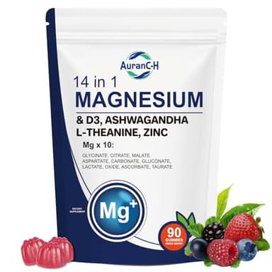 Magnesium Glycinate & Citrate Gummies – 14 in 1 Magnesium & D3, Ashwagandha L-theanine, Zinc – Cortisol Supplements for Women – Sugar-Free Vegan Non-GMO - 90 Count