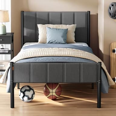 VASAGLE Single Bed Frame, 90 x 190 cm, with Upholstered Headboard, Metal Bed Frame, 250 kg Weight Capacity, Easy Assembly, Slate Grey RMB971G02