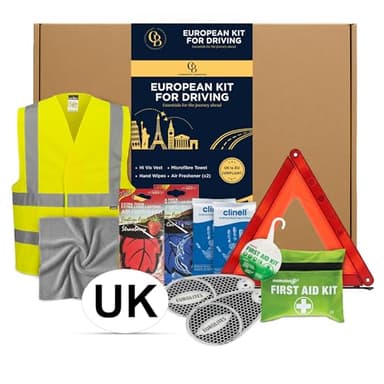 European Driving Kit, Car Kit Essentials 2026 For Europe - 10 Piece Kit, Warning Triangles for Cars, UK Magnet Sticker, Headlight Deflectors + More. European Driving Kit 2026, EU Driving Kit