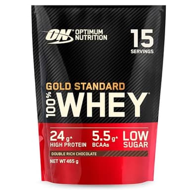 Optimum Nutrition Gold Standard 100% Whey Muscle Building and Recovery Protein Powder With Naturally Occurring Glutamine and BCAA Amino Acids, Double Rich Chocolate Flavour, 15 Servings, 465 g