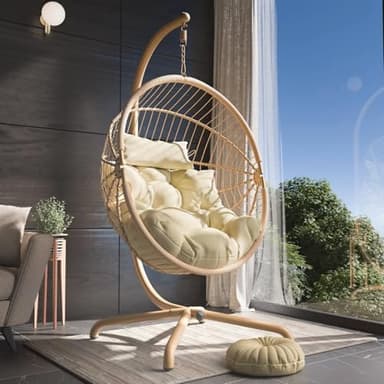 Blisswood Rattan Swing Egg Chair Garden Patio Indoor Outdoor Hanging Egg Chair With Cushion & Stand Indoor & Outdoor Egg Chair Upto 150kg Weight Capacity (Beige)