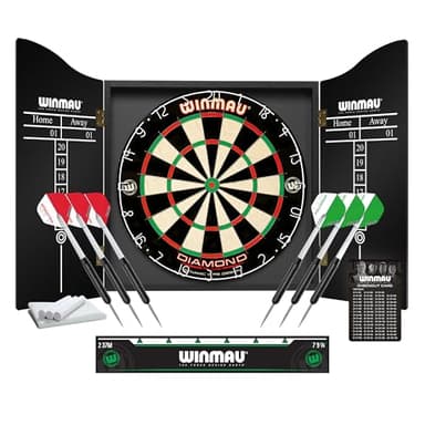 WINMAU Diamond Plus Dartboard Set – Professional Bristle Dart Board with Black Dartboard Cabinet | 2 Darts Sets, Oche Line, Chalk & Towel | Complete Dart Board Set & Home Darts Equipment