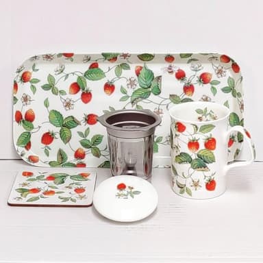 Roy Kirkham - England Lidded Infuser Mug Coaster and Tray (5 Piece Set) - Alpine Strawberry Design