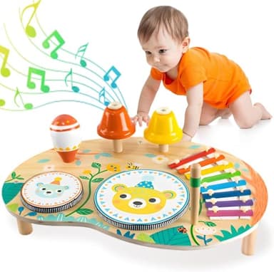 Fullware Kids Drum Kit for 1 2 3 4 Year Old Musical Instruments Wooden Montessori Toys Set with Xylophone Maraca Percussion Baby Sensory Toys for Girl Boy Toddler Birthday Gift