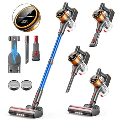 SunSare Cordless Vacuum Cleaner, 550W 45KPA 60Mins, Stick Vacuum with LED Touch Screen, Wall-mounted Charging, Self-Standing, Rechargeable Cordless Vacuum for Pet Hair/Carpet/Hard Floor, X9