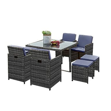 Panana 8 Seater Rattan Garden Dining Set with Table, 4 Chairs & 4 Stools, Cube Space Saving Outdoor Furniture for Patio, Conservator, Garden
