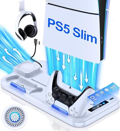 HEYLICOOL PS5 Slim Stand and Cooling Station with Dual Controller Charging Station for Playsation 5 Slim Disc/Slim Digital Console,PS5 Slim Accessories with 3 Levels Cooling Fan & Headset Holder