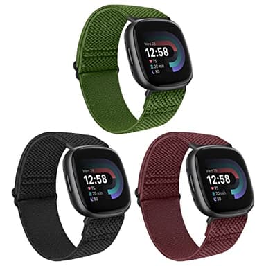 Huamanlou 3 Pack Elastic Nylon Straps Compatible with Fitbit Versa 4/Versa 3/Sense 2/Sense, Soft Loop Adjustable Sport Replacement Wristbands for Women Men