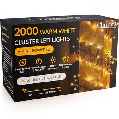 CHRISTOW 2000 LED Cluster Christmas Tree Lights, Warm White Fairy Lights with Timer, 8 Light Modes, Energy Efficient 3mm Micro LEDs, Indoor & Outdoor, Mains Powered, Green Cable, 24.97m Lit Length
