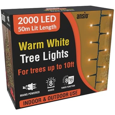 ANSIO® Christmas Tree Lights 2000 LED 50m/164ft - Warm White Cluster Compact Lights for Indoor & Outdoor Decorations Fairy Lights with Timer for Xmas Garden & Party | Mains Powered Green Cable