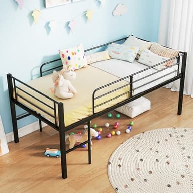 COSTWAY 3FT Bunk Bed for Kids, Metal Single Size Low Loft Beds with Safety Guardrails, 2 Ladders & Under-bed Space, Children's Sleeper Bed Frame for Boys Girls, 220kg Capacity (Black)