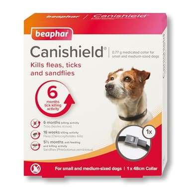Beaphar - Canishield® Medicated Flea & Tick Collar for Small/Med Dogs Kills Fleas, Ticks & Sandflies - 4-6 months Long-Lasting Protection - Vet-Strength Flea Treatment - Adjustable collar up to 48cm