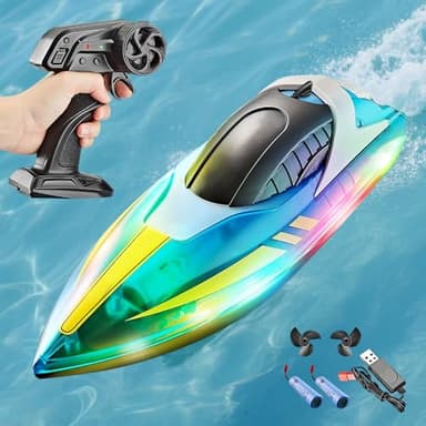 SGZIOO Remote Control Boat, Rc Boat for Kids with LED Lights, 2.4GHz Radio Controlled Self Righting, Rechargeable, 15KmPH RC Speed Boats for Pools and Lakes, Kids & Adults