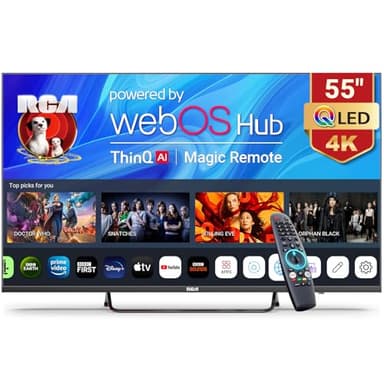 RCA Web OS TV 55-inch QLED 4K UHD Smart TV, MEMC HDR10 ThinQ AI, Voice Magic Remote Dolby Audio