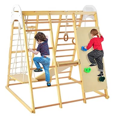 Maxmass 8-in-1 Kids Climbing Frame, Wooden Climber Playground with Slide, Monkey Bars, Gymnastics Rings, Rope Ladder and Swing, Multifunctional Jungle Gym Playset for Indoor (Natural)