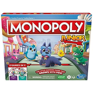 Hasbro Gaming Monopoly Junior Board Game, 2-Sided Gameboard, 2 Games in 1, Monopoly Game for Younger Kids Ages 4 and Up, Kids Games for 2 to 6 Players (F8562)