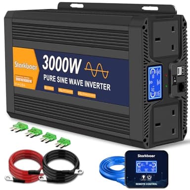 Starkbaer 3000W Pure Sine Wave Inverter 24V to 240V/230V Converter Car Power Inverter, with 2 UK G sockets & 2 USB​, 5m Remote Controller, LCD Display, for RV, Camping, Emergency, Truck, Off-Grid