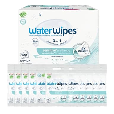 WaterWipes Sensitive+ On The Go Wipes, 100 Count (10 Packs), 3-In-1 Cleans, Cares, Protects, 99.9% Water, Unscented Wet Wipes