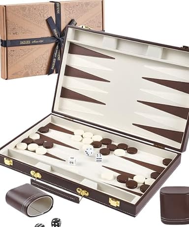 Jaques of London 15" Backgammon Set | Luxury Traditional Games with Premium Box | Brown Leatherette Folding Case for Travel Backgammon | Classic Board Game for Adults & Families | Since 1795