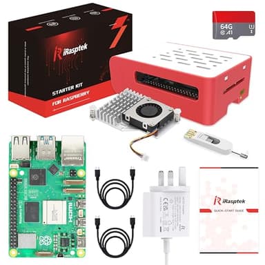 iRasptek Starter Kit for Raspberry Pi 5 RAM 4GB - 64GB Edition of OS-Bookworm Pre-Loaded (Red&White Case)