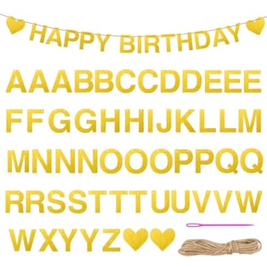 54PCS Gold Custom Banner Kit,Reusable Kraft Paper Letter Symbol Banners,DIY Personalised Bunting Banner with 32.8ft Jute Rope,Glitter Customizable Letters Symbols for Celebration