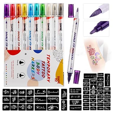 HAWINK Temporary Tattoo Markers for Skin, 10 Body Markers + 20 Large Tattoo Stencils for Kids and Adults, Dual-End Tattoo Pens Make Bold and Fine Lines ZYH2208001KIT