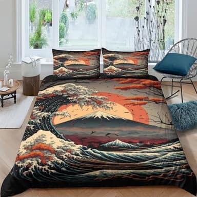 QPIRINMEX Japanese Waves 3D Printed Quilt Cover Mountain Design Duvet Cover Set Bedding Set,Soft Microfiber,Hidden Zipper Boys And Girls Double（200x200cm）