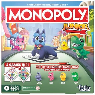 Monopoly Junior Board Game (2026 Edition) | 2 Games in 1 for Younger Kids, 2-Sided Board | Ages 4+ | 2-4 Players | 20 Mins. | Gifts for Preschoolers - English Version