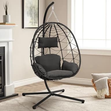 Warmiehomy Egg Chair Hanging Chair with Stand Garden Foldable Swing Chair with Cushion Rattan Hanging Egg Chairs for Indoor Outdoor Hammock Chair With Frame for Patio, Balcony