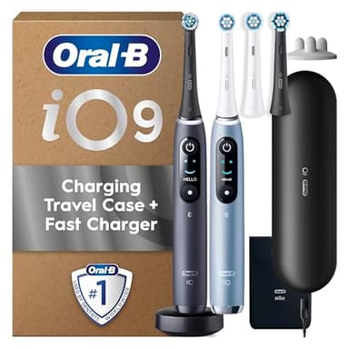 Oral-B iO Series 9 Electric Toothbrush Duo Pack (Black and Aqua Marine), 2 Rechargeable Toothbrushes with 4 Replacement Heads, Charging Travel Case, Charger and Accessories, Designed by Braun