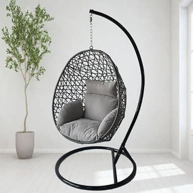 Alivio Rattan Hanging Egg Chair Basket Chair with Cushions, Swing Egg Chair for Indoor Outdoor Patio Garden 94.5 x 194.5cm, Weather Resistant Free Standing Egg Chair 150kg Capacity