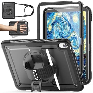 KAIJIAbox Case for iPad (A16) 11th/10th Generation 11/10.9 Inch 2025/2022, Full-Body Drop Protection with Screen Protector, Pencil Holder, 360° Rotate Stand&Hand Strap, Carrying Shoulder Strap, Black