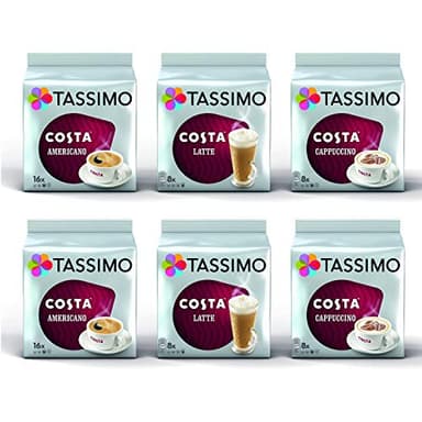 Tassimo Coffee Costa Selection - Costa Latte/Costa Cappuccino/Costa Americano Coffee Pods - 6 Packs (64 Drinks)