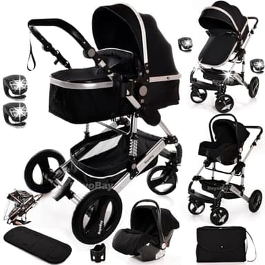 Baby Stroller 3 in 1 Pram Pushchair Buggy Child Lightweight Folding Stroller 3 in 1 Travel System Pram for Newborns Toddlers from Birth Aluminium (Black - Silver Frame)