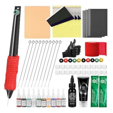ATOMUS Tattoo Stick Manual Pen Kit with Tattoo Inks, Needles, Practice Skin, Ink Cups & Transfer Papers (KIT 2)