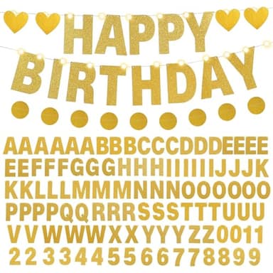 Gold Custom Banner, VEGCOO Glitter Customizable Letters Symbols DIY Personalised Bunting Banner with 2 Pcs Gold Round Streamer Garlands for Women Girls Mr & Mrs Birthday Wedding Party Decorations