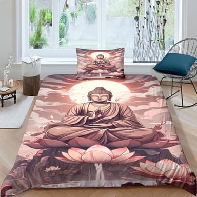 AAHARYA Buddha Statue Bedding Set Duvet Cover Soft Microfiber Quilt Cover with 3D Buddha Print Design for Kids Teenagers Adults Single（135x200cm）