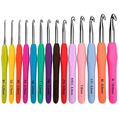 BCMRUN Crochet Hooks Set,14 Pcs 2.25mm(B)-10mm(N) Ergonomic Soft Grip Handles,Smooth Knitting Needles Kit with Bag for Arthritic Hands,Extra Long Knit Needles Weave Yarn Set,Best Gift for Women (B)
