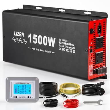 Lizbn 1500W/3000W(Peak) Pure Sine Wave Power Inverter DC 12V to 240V AC Converter with UPS Function Off-grid Power Converter UK Socket LCD Remote Control for Motorhome Truck Boat Camping Household