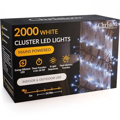 CHRISTOW 2000 LED Cluster Christmas Tree Lights, White Fairy Lights with Timer, 8 Light Modes, Energy Efficient 3mm Micro LEDs, Indoor & Outdoor, Mains Powered, Green Cable, 24.97m Lit Length