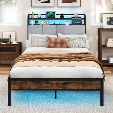 RELAX4LIFE Single/Double/King Size Bed Frame with RGB LED Lights, Charging Station & Storage Headboard, Upholstered Platform Bed Industrial Metal Slats Support Mattress Foundation (4FT6 Double)
